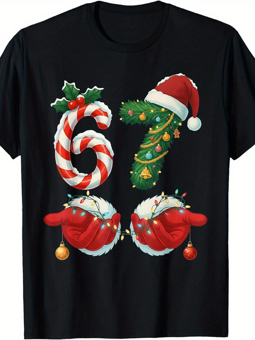 Men's Graphic T-Shirt Christmas Candy Cane And Santa Hat With Festive Mittens T Shirt