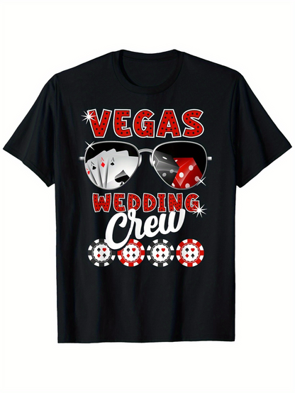 Men's Graphic T-Shirt Vegas Wedding Crew With Playing Cards Sunglasses And Casino Chips