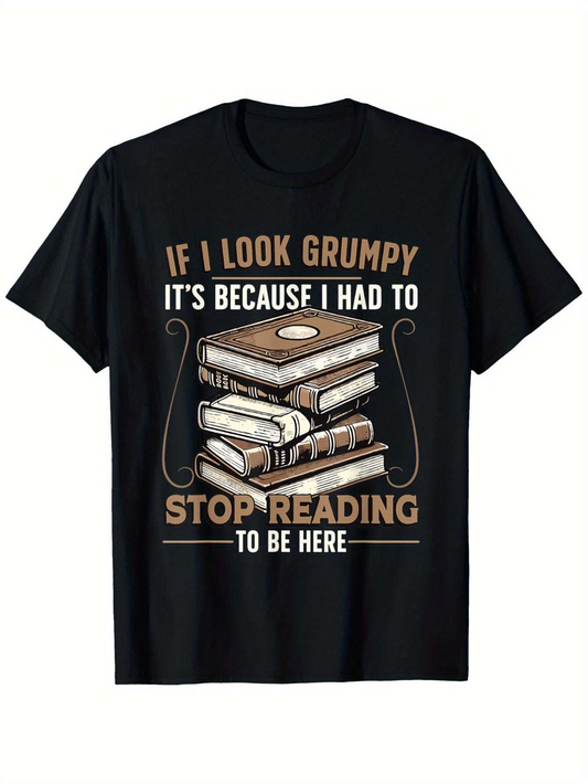 Men's Graphic T-Shirt If I Look Grumpy Stacked Books With Warm Tones Surrounded By Glasses Vintage Reading Theme