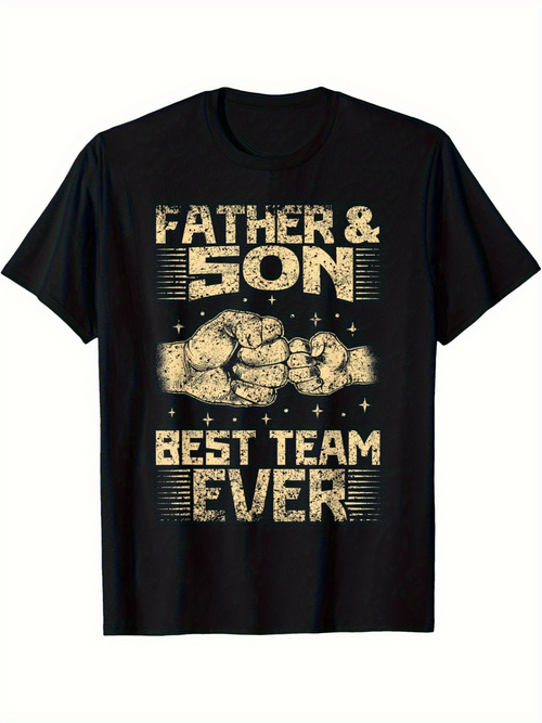 Men's Graphic T-Shirt Father And Son Best Team Ever With Fist Bumping Gestures Surrounded By Stars Black T Shirt