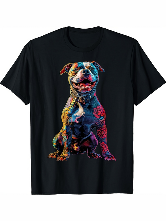 Men's Graphic T-Shirt Vivid Multicolored Abstract Brushstrokes Surrounding Smiling Sitting Dog