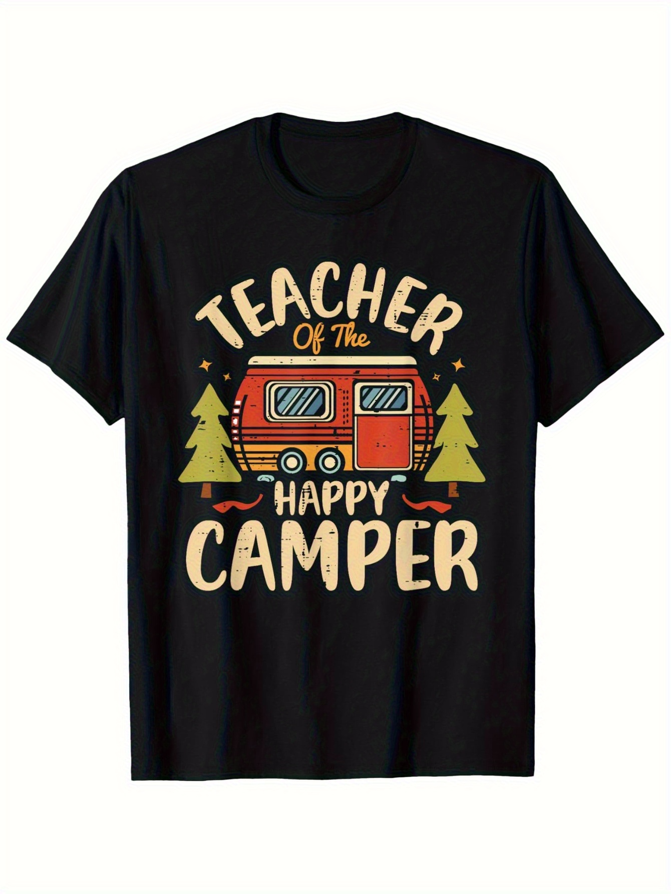 Men's Graphic T-Shirt Teacher Of The Happy Camper With Pine Trees Vintage RV Under Stars