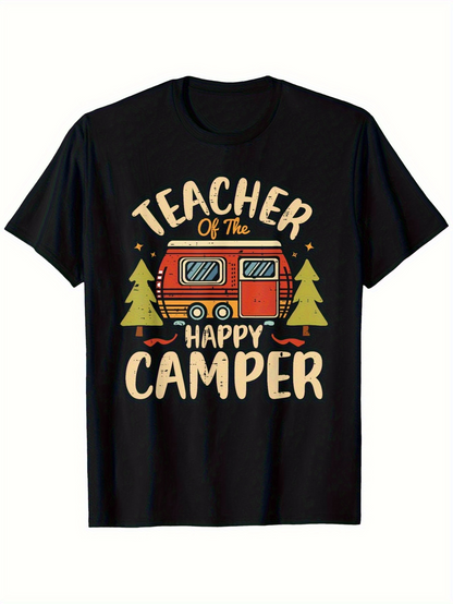 Men's Graphic T-Shirt Teacher Of The Happy Camper With Pine Trees Vintage RV Under Stars