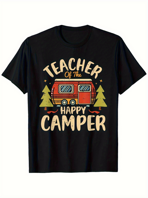 Men's Graphic T-Shirt Teacher Of The Happy Camper With Pine Trees Vintage RV Under Stars