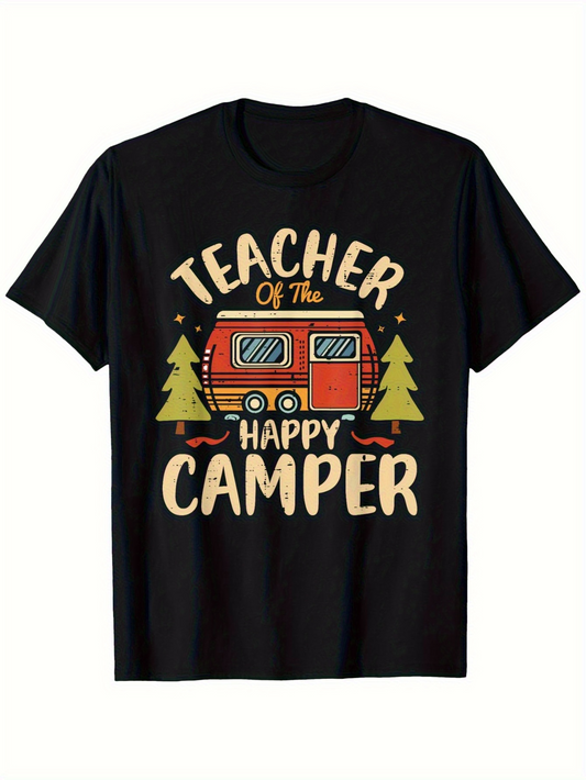 Men's Graphic T-Shirt Teacher Of The Happy Camper With Pine Trees Vintage RV Under Stars