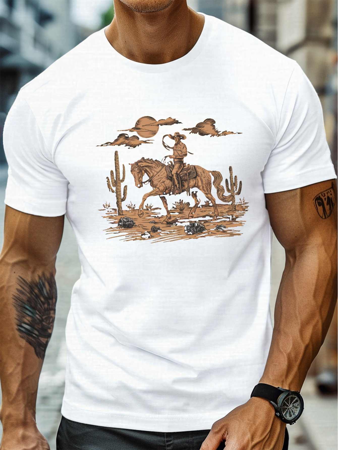 Men's Graphic T-Shirt Desert Landscape With Cacti And Lone Cowboy Riding A Horse