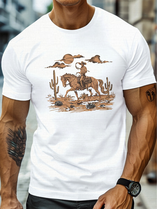 Men's Graphic T-Shirt Desert Landscape With Cacti And Lone Cowboy Riding A Horse