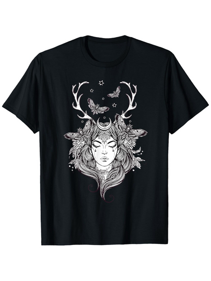 Men's Graphic T-Shirt Deer Antlers With Flowers Butterflies Surrounding Mystical Woman Face
