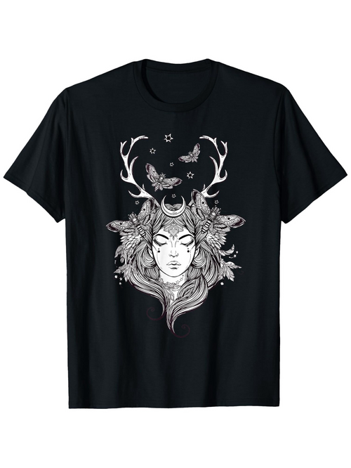 Men's Graphic T-Shirt Deer Antlers With Flowers Butterflies Surrounding Mystical Woman Face