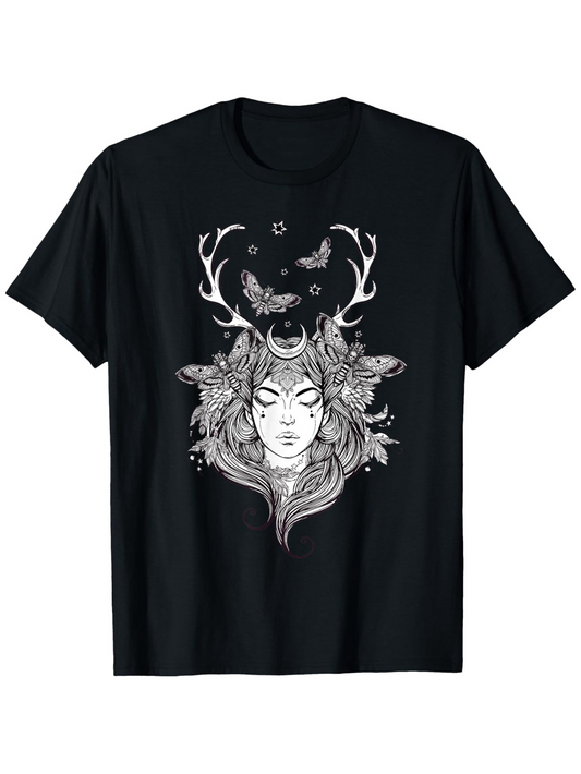 Men's Graphic T-Shirt Deer Antlers With Flowers Butterflies Surrounding Mystical Woman Face
