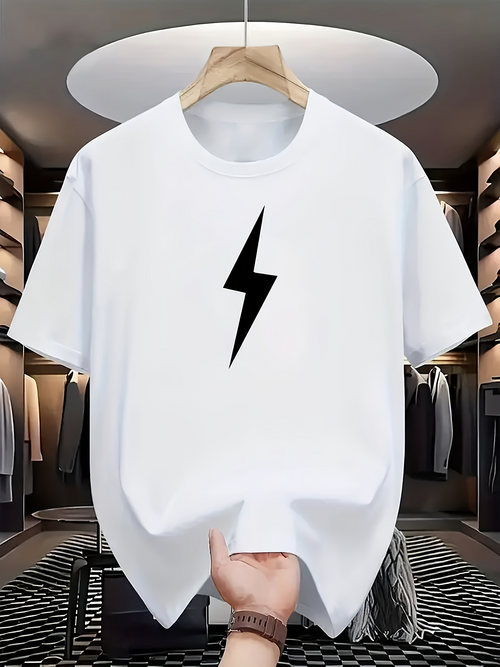 Men's Graphic T-Shirt Minimalist Black Thunder Bolt In Crisp White T Shirt Center