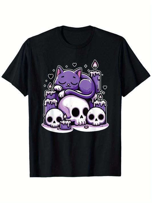 Men's Graphic T-Shirt Purple Cat Resting Among Glowing Candles And Three White Skulls