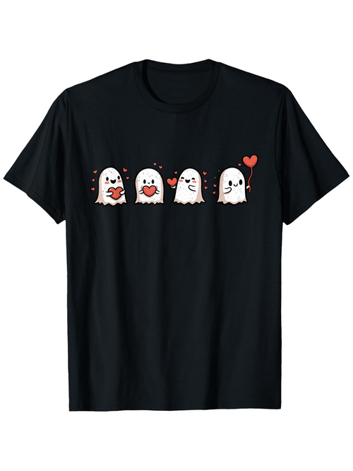 Men's Graphic T-Shirt Cute Little Ghosts With Hearts Smiling Expressions On Black Shirt Ghost