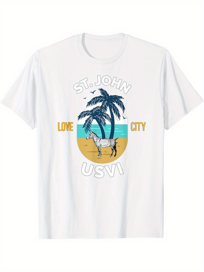 Men's Graphic T-Shirt St John Love City Usvi Blue Palms On Sandy Beach With Relaxed Donkey
