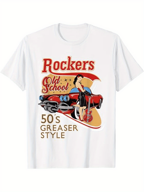Men's Graphic T-Shirt Rockers Old School Retro Lady With Classic Car