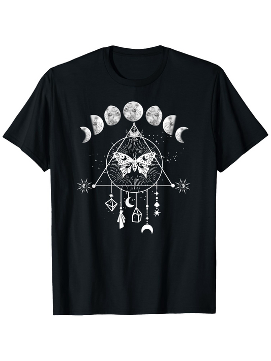 Men's Graphic T-Shirt Mystical Lunar Phases With Hanging Charms Around Geometric Dreamcatcher Butterfly