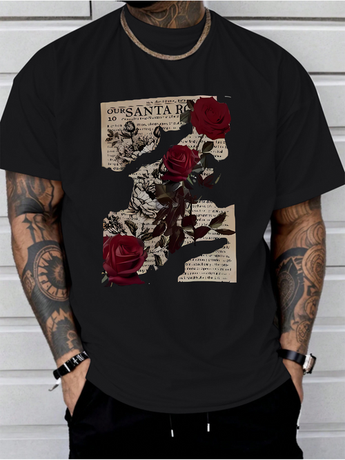 Men's Graphic T-Shirt Santa Botanical Hand With Vintage Newspaper And Red Roses