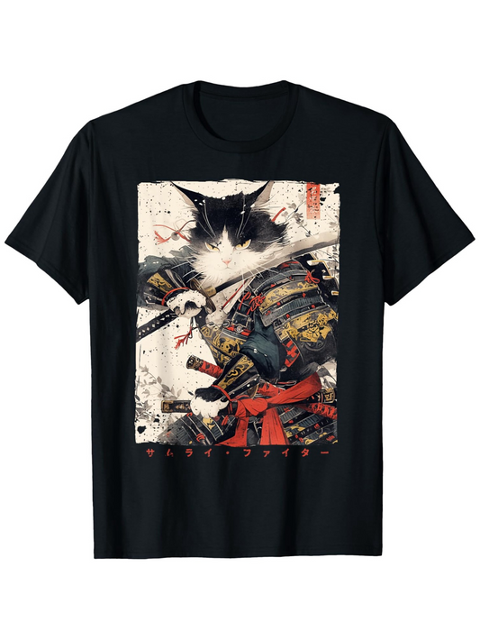 Men's Graphic T-Shirt Majestic Black And White Cat Warrior In Colorful Samurai Armor