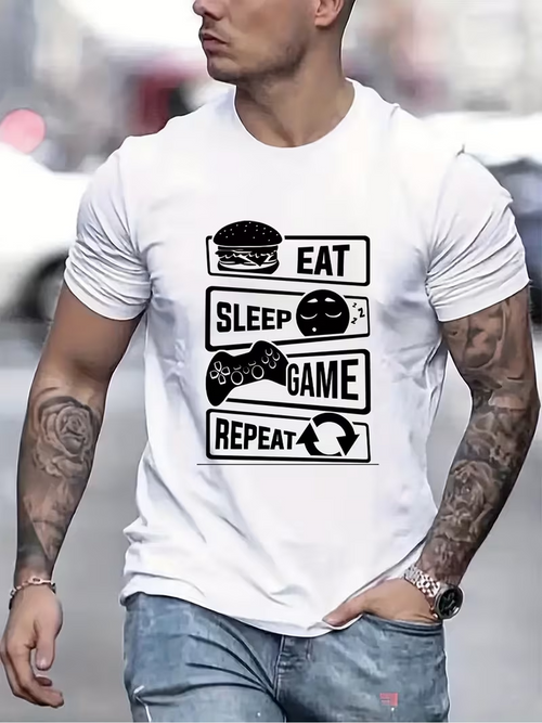 Men's Graphic T-Shirt Eat Sleep Game Repeat With Playful Gaming Icons And Minimalist Styling T Shirt