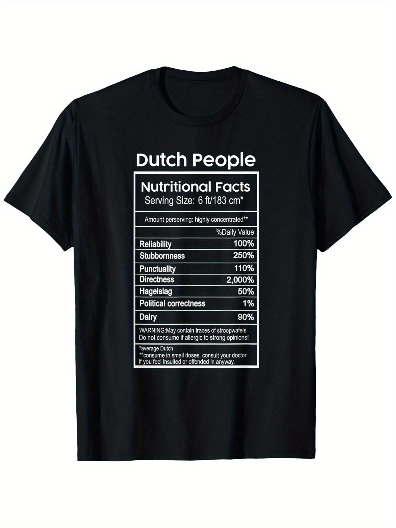 Men's Graphic T-Shirt Nutritional Facts Label With Bold White Letters On Solid Black T Shirt
