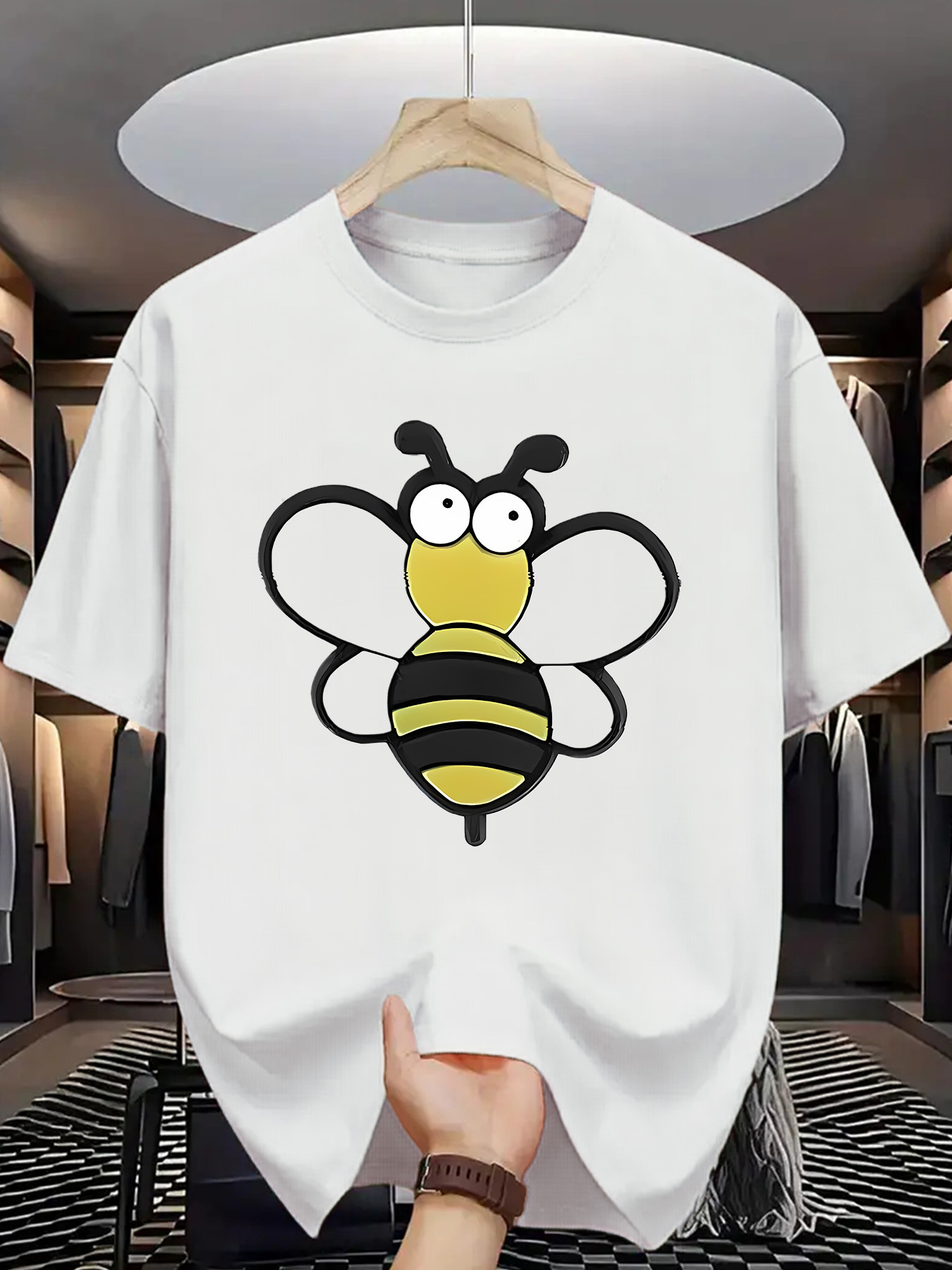 Men's Graphic T-Shirt Whimsical Cartoon With Big Eyes And Yellow Stripes Bee