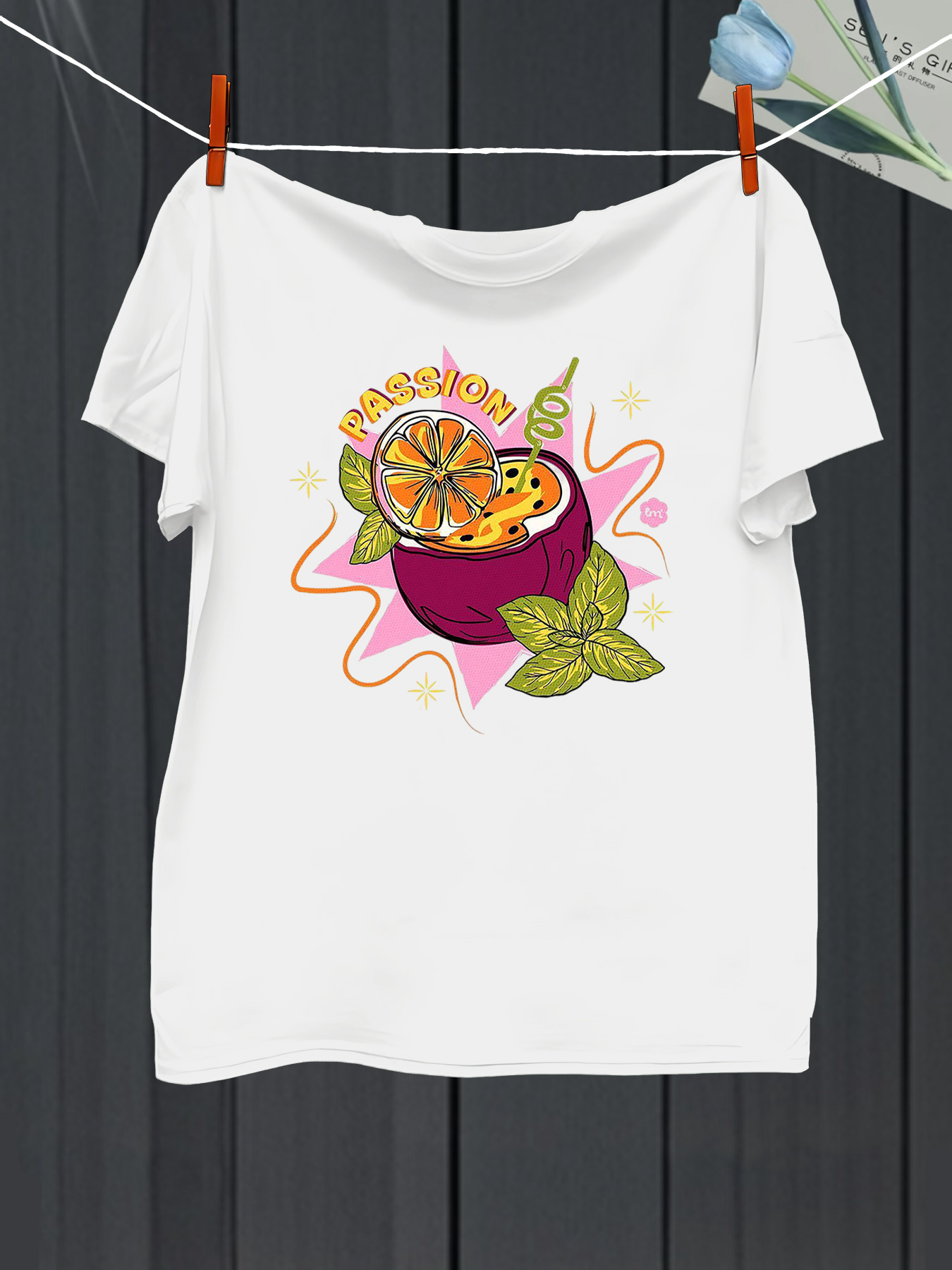 Men's Graphic T-Shirt Passion Fruit Slice With Mint Leaves Surrounded By Abstract Pink Splashes Fruit