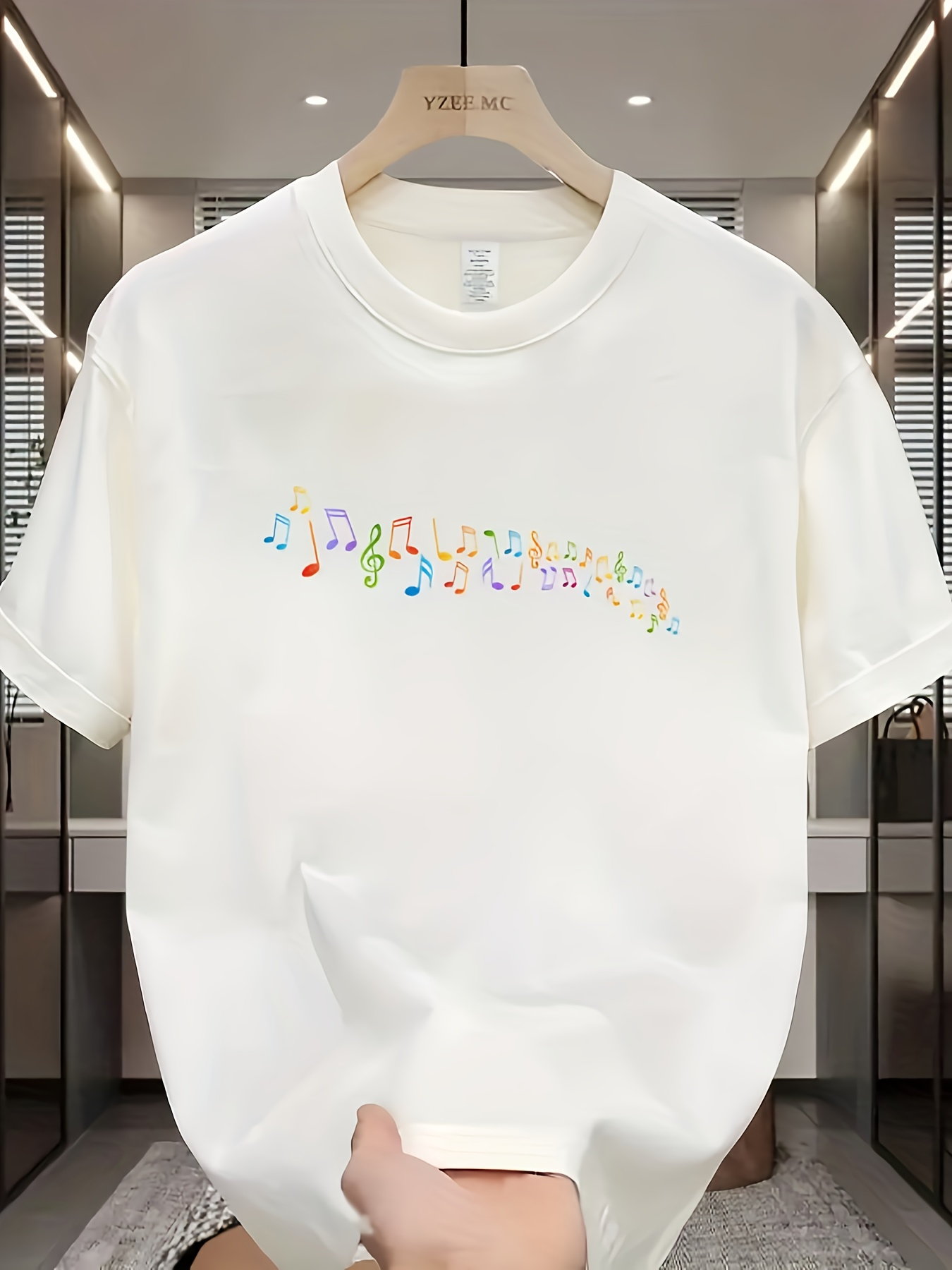 Men's Graphic T-Shirt Colorful Pastel Rainbow Musical Notes Dancing Across White Shirt