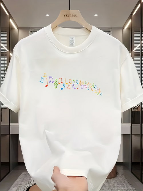 Men's Graphic T-Shirt Colorful Pastel Rainbow Musical Notes Dancing Across White Shirt