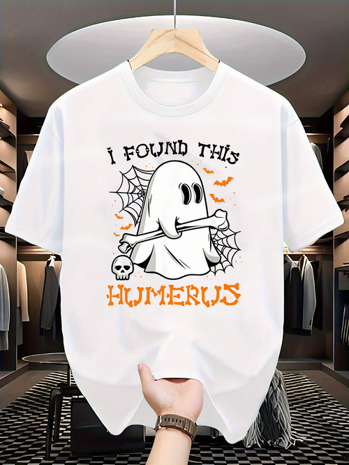 Men's Graphic T-Shirt I Found This Humerus Cute Ghost With Spider Webs And Bones Surrounded By Little Bats