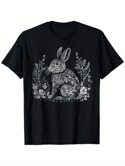 Men's Graphic T-Shirt Intricate Forest Flowers Surrounding Textured Gentle Rabbit