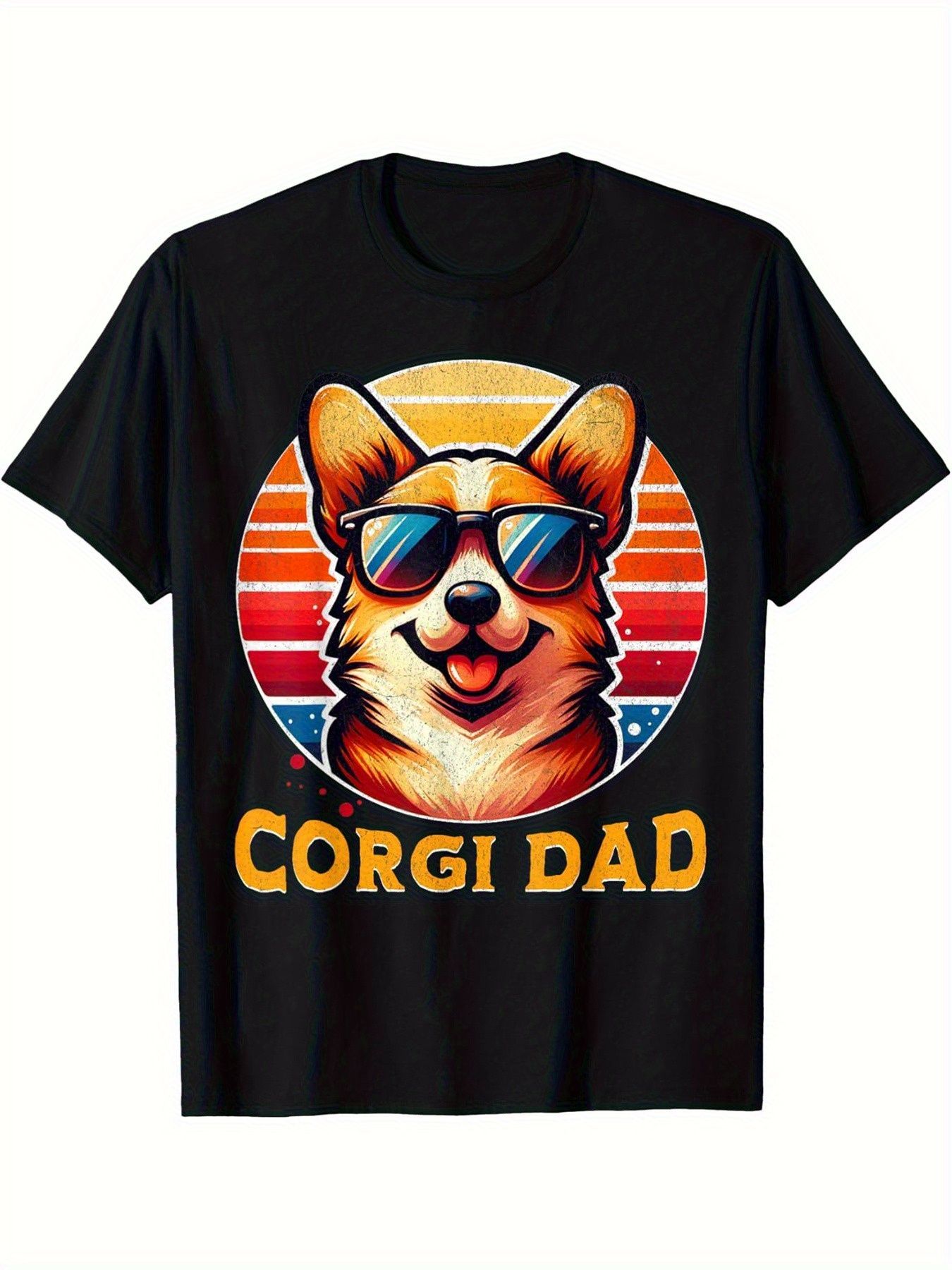 Men's Graphic T-Shirt Corgi Dad Vibrant Retro Sunrise With Cool Sunglasses Wearing Corgi Dog