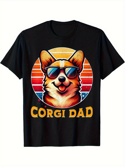 Men's Graphic T-Shirt Corgi Dad Vibrant Retro Sunrise With Cool Sunglasses Wearing Corgi Dog