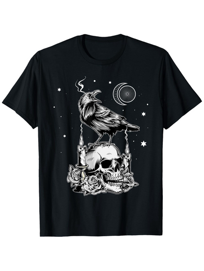 Men's Graphic T-Shirt Gothic Night With Raven Among Roses Over Human Skull