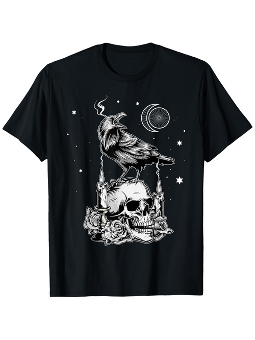 Men's Graphic T-Shirt Gothic Night With Raven Among Roses Over Human Skull