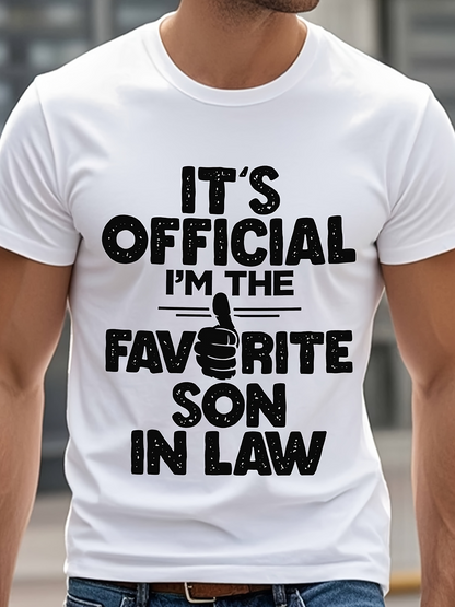 Men's Graphic T-Shirt Its Official Im The Favorite Son In Law Bold Statement Text With Thumbs Up Hand Icon