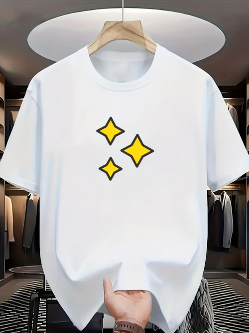 Men's Graphic T-Shirt Bright Yellow Stars Floating On Crisp White Cotton T Shirt