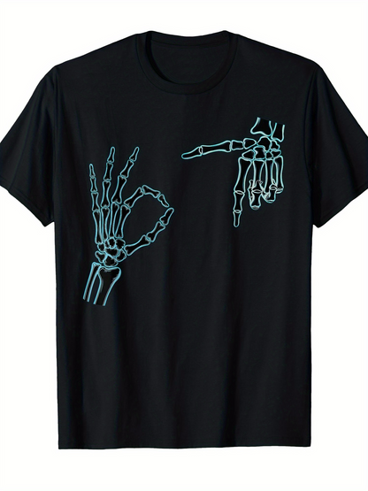 Men's Graphic T-Shirt Skeleton Hands In Playful Gesture Under Minimalist Line Drawing Style