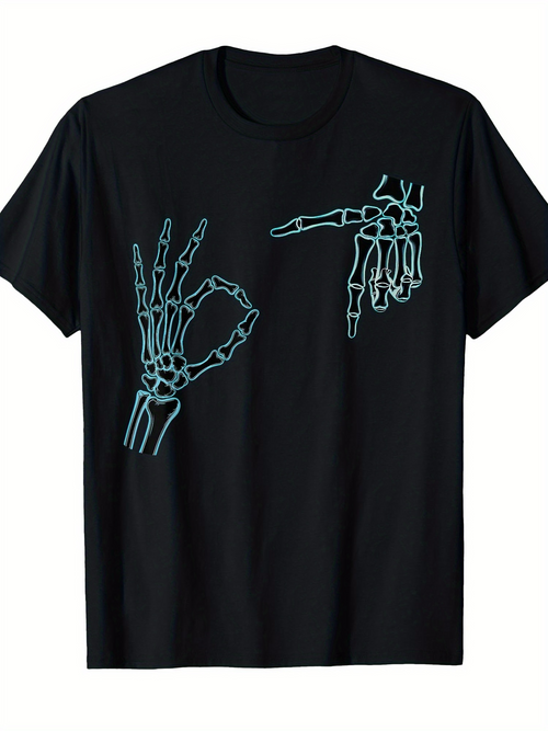 Men's Graphic T-Shirt Skeleton Hands In Playful Gesture Under Minimalist Line Drawing Style