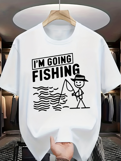 Men's Graphic T-Shirt Im Going Fishing Smiling Stick Figure Man With Fishing Rod And Wavy Water