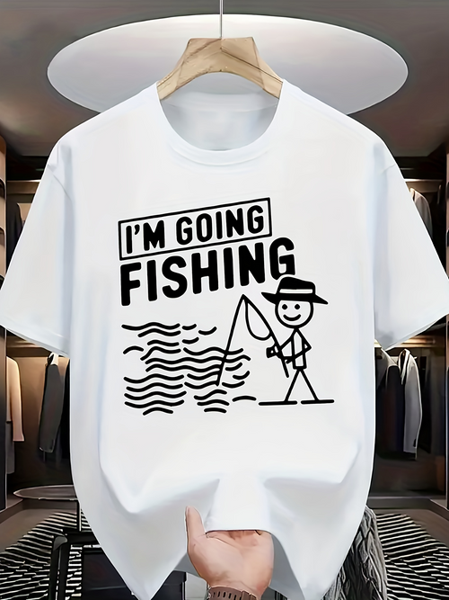 Men's Graphic T-Shirt Im Going Fishing Smiling Stick Figure Man With Fishing Rod And Wavy Water