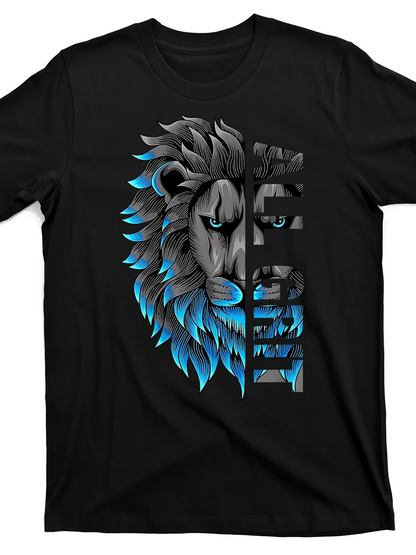 Men's Graphic T-Shirt Blue And Gray Gradient Wild Mane With Courageous Lion