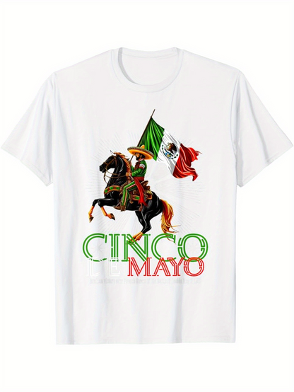 Men's Graphic T-Shirt Cinco De Mayo Patriotic Celebratory Scene With Horse And Waving Mexican Flag