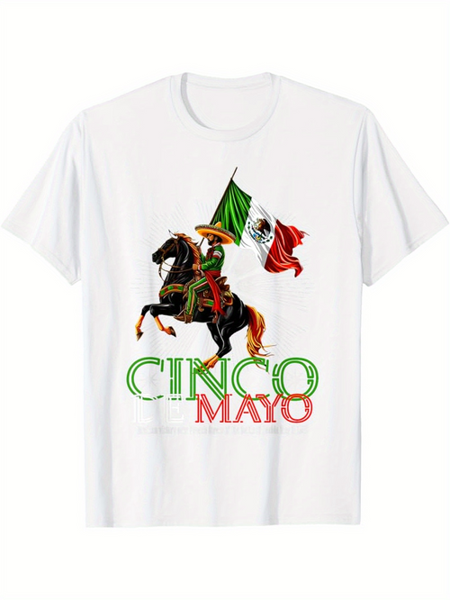 Men's Graphic T-Shirt Cinco De Mayo Patriotic Celebratory Scene With Horse And Waving Mexican Flag