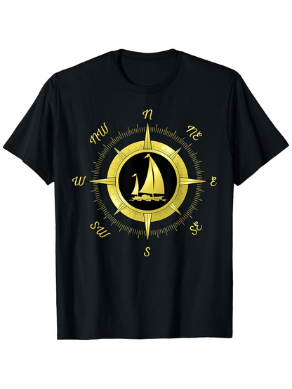 Men's Graphic T-Shirt Golden Compass With Glowing Highlights Framing Majestic Sailing Boat Centerpiece