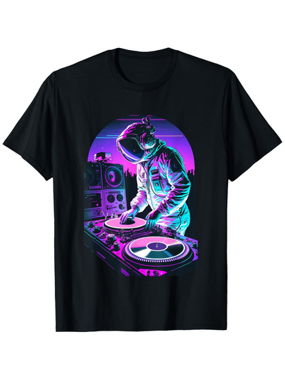 Men's Graphic T-Shirt Neon Lights With Retro Vinyl DJ Astronaut