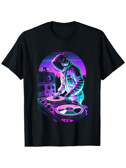 Men's Graphic T-Shirt Neon Lights With Retro Vinyl DJ Astronaut