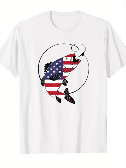 Men's Graphic T-Shirt American Flag Patterned Fish Leaping With Dynamic Circle Accent Fish