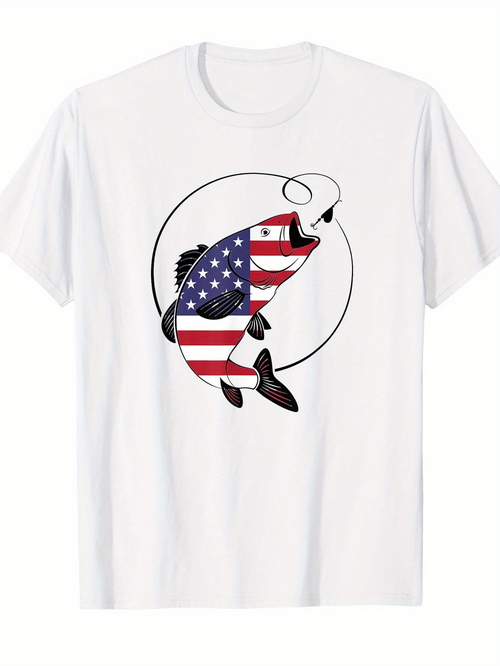 Men's Graphic T-Shirt American Flag Patterned Fish Leaping With Dynamic Circle Accent Fish