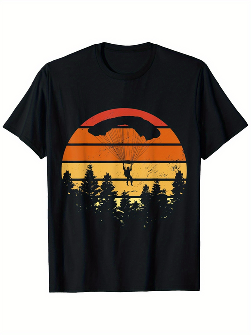 Men's Graphic T-Shirt Falling Sun Rays With Parachuter Silhouetted Against Sunset Forest