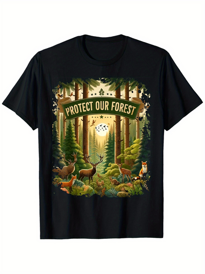 Men's Graphic T-Shirt Protect Our Forest Majestic Deer Standing In Lush Green Pine Woodland